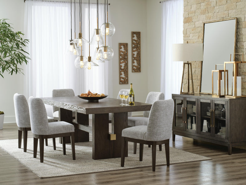 Ashley Furniture Burkhaus dining room set with a wooden table and six matching chairs, elegant and stylish for modern dining rooms.