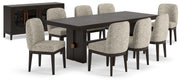Ashley Furniture Burkhaus dining room set with table and six chairs, featuring a modern design and dark wood finish.