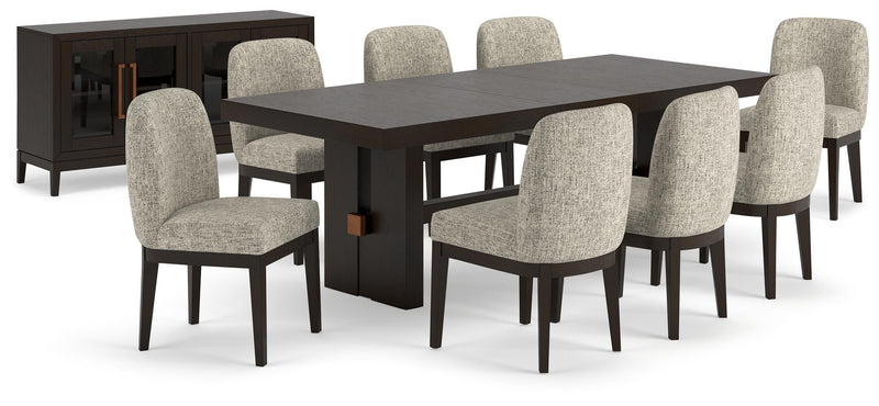 Ashley Furniture Burkhaus dining room set with table and six chairs, featuring a modern design and dark wood finish.