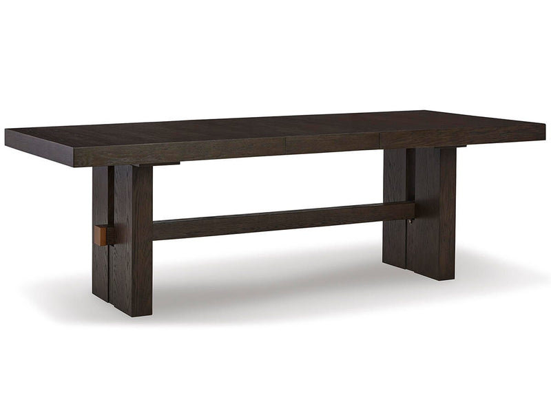 Ashley Furniture Burkhaus dining room set with a rectangular table and six upholstered chairs, shown from an angled side view.