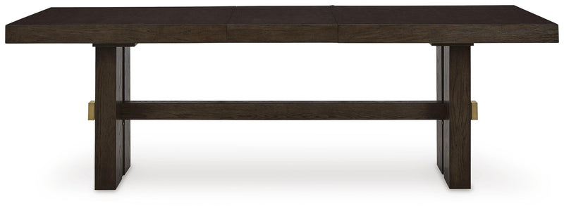 Ashley Furniture Burkhaus dining room set with a wooden table and six matching chairs, shown from the head-on angle.