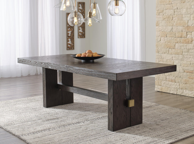 Ashley Furniture Burkhaus dining room set with a wooden table and six matching chairs in a modern, elegant dining space.