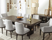 Ashley Furniture Burkhaus dining room set with a wooden table and six matching chairs, stylish and modern for dining spaces.