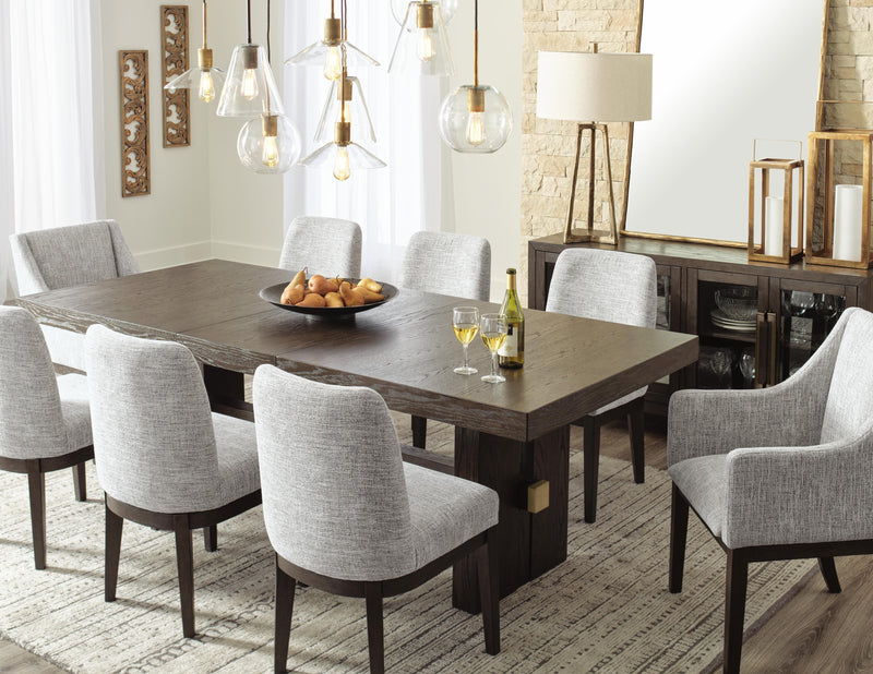 Ashley Furniture Burkhaus dining room set with a wooden table and six matching chairs, stylish and modern for dining spaces.
