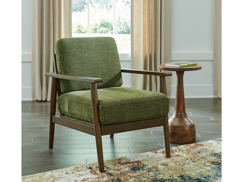 Ashley Furniture Bixler Showood accent chair with wooden legs and plush fabric upholstery, showcasing a stylish and comfortable design.