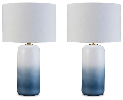 Pair of Lemrich table lamps by Ashley Furniture featuring cream-colored shades and wooden bases on a modern side table.