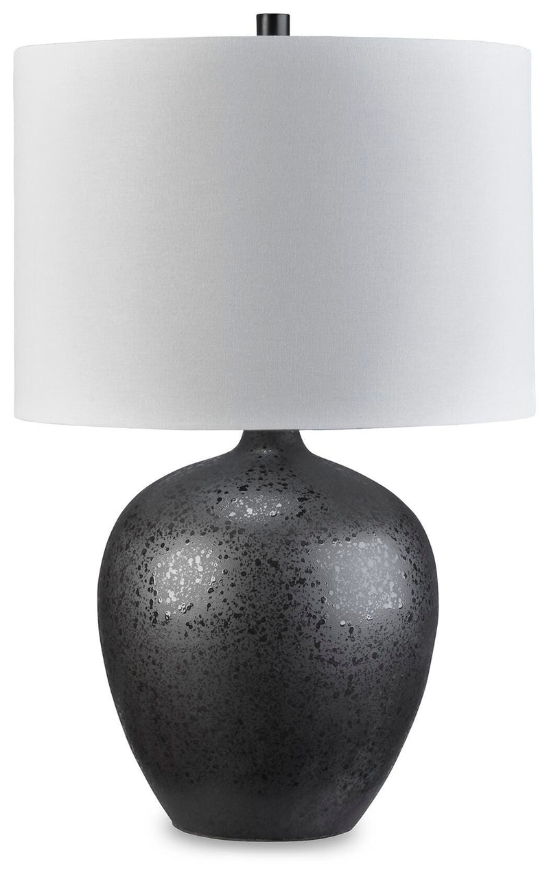Ashley Furniture Ladstow table lamp set featuring two stylish lamps with beige shades and dark wood bases.