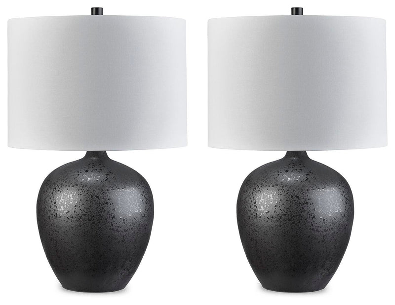 Ashley Furniture Ladstow table lamp set with two modern lamps featuring black bases and white fabric shades.