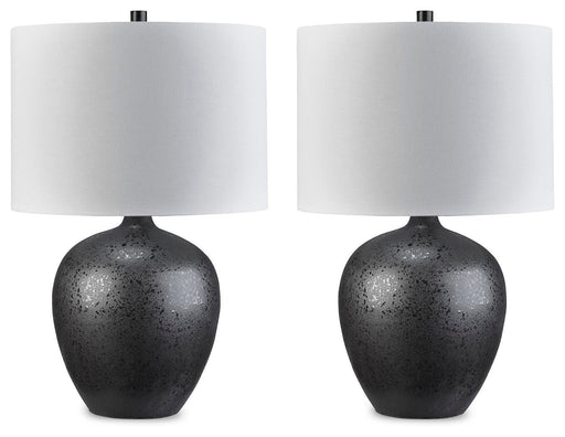 Ashley Furniture Ladstow table lamp set with two modern lamps featuring black bases and white fabric shades.