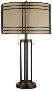 Ashley Furniture Hanswell Table Lamp Set with beige fabric shades and dark wood bases, perfect for living room or bedside decor.