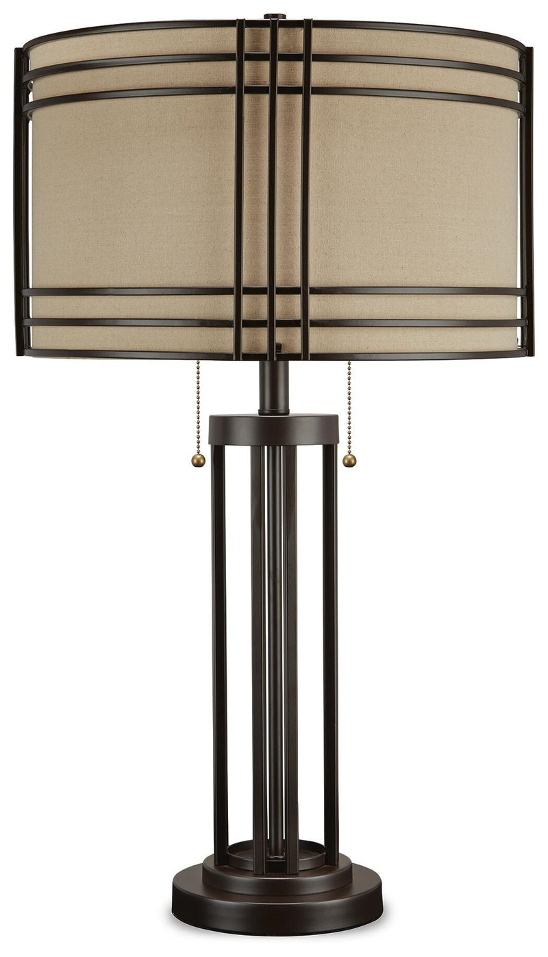 Ashley Furniture Hanswell Table Lamp Set with beige fabric shades and dark wood bases, perfect for living room or bedside decor.