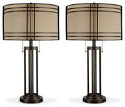 Ashley Furniture Hanswell table lamp set with two stylish lamps featuring fabric shades and a modern design.