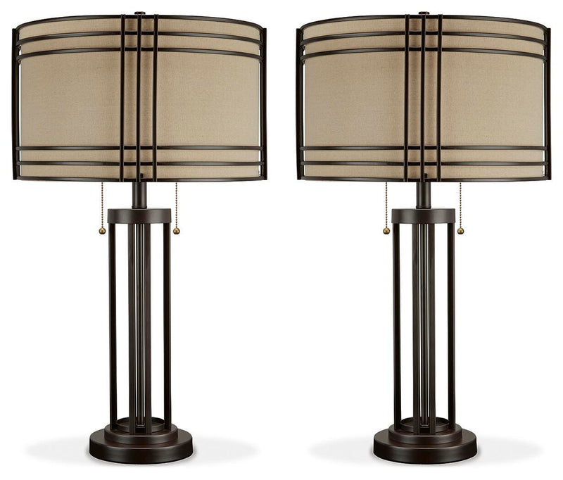 Ashley Furniture Hanswell table lamp set with two stylish lamps featuring fabric shades and a modern design.
