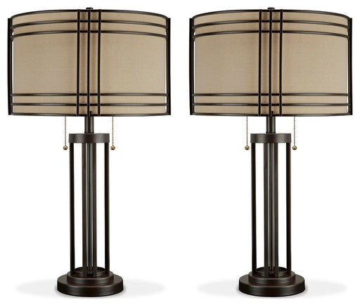 Ashley Furniture Hanswell table lamp set with two stylish lamps featuring fabric shades and a modern design.