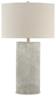 Ashley Furniture Bradard Lamp Set featuring two stylish table lamps with beige fabric shades and modern wooden bases.