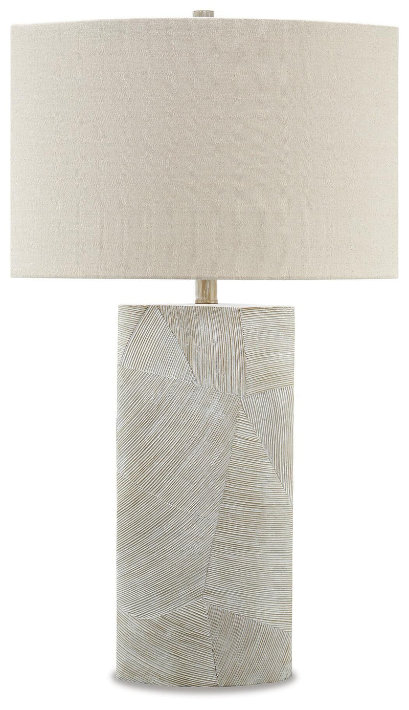 Ashley Furniture Bradard Lamp Set featuring two stylish table lamps with beige fabric shades and modern wooden bases.