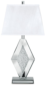Ashley Furniture Prunella table lamp set with two elegant lamps featuring fabric shades and a stylish base, perfect for living room decor.