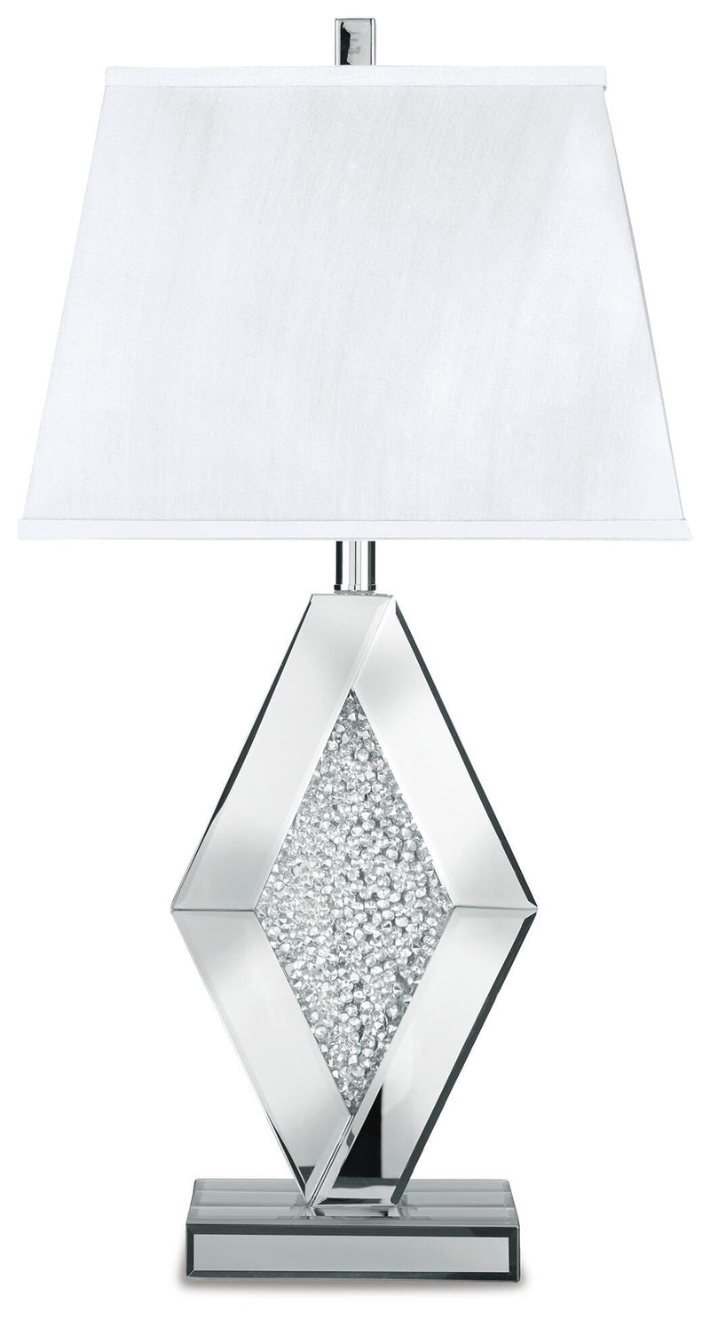 Ashley Furniture Prunella table lamp set with two elegant lamps featuring fabric shades and a stylish base, perfect for living room decor.