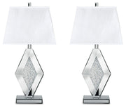 Ashley Furniture Prunella Lamp Set featuring two elegant table lamps with beige shades and a polished base.