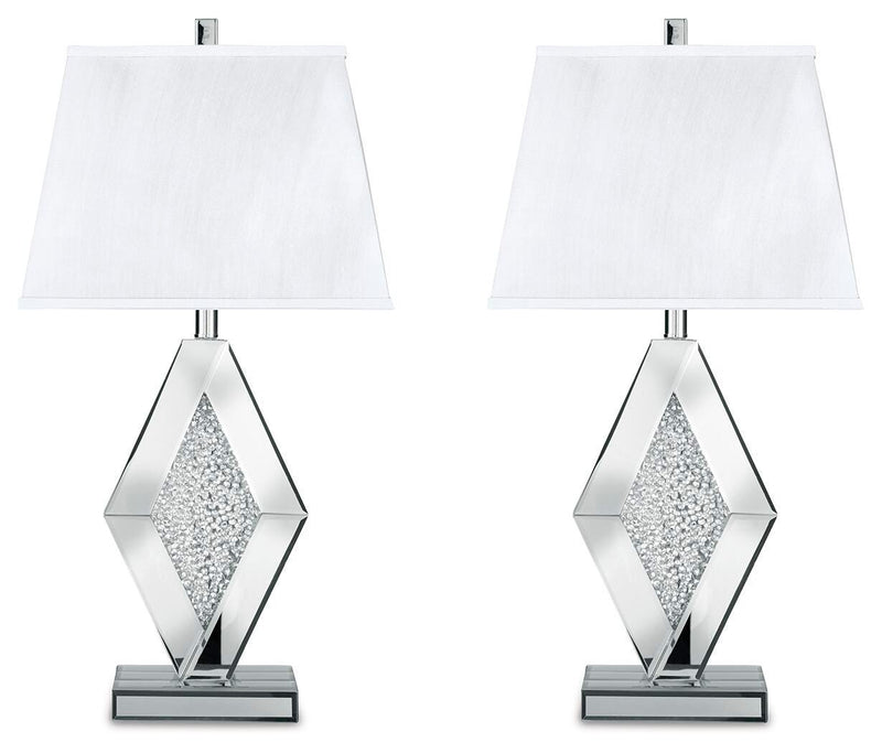 Ashley Furniture Prunella Lamp Set featuring two elegant table lamps with beige shades and a polished base.