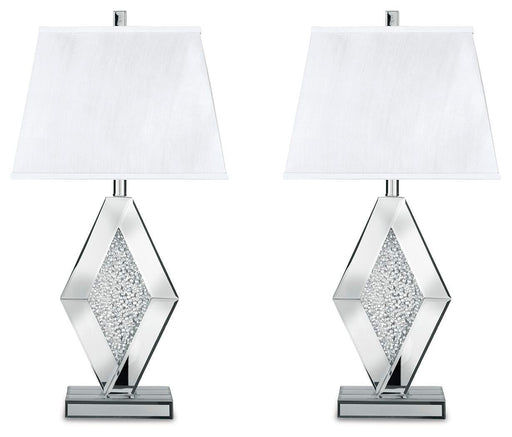 Ashley Furniture Prunella Lamp Set featuring two elegant table lamps with beige shades and a polished base.