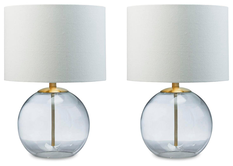 Ashley Furniture Samder Lamp Set featuring two stylish table lamps with beige shades and modern bases on a wooden surface.