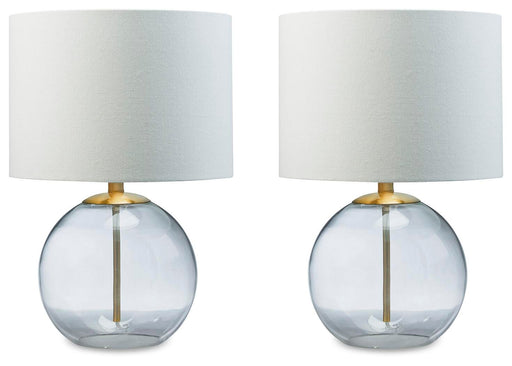 Ashley Furniture Samder Lamp Set featuring two stylish table lamps with beige shades and modern bases on a wooden surface.