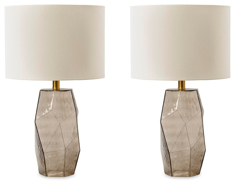 Ashley Furniture Taylor Lamp Set featuring two stylish table lamps with neutral fabric shades and wooden bases.