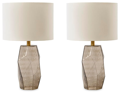 Ashley Furniture Taylor Lamp Set featuring two stylish table lamps with neutral fabric shades and wooden bases.