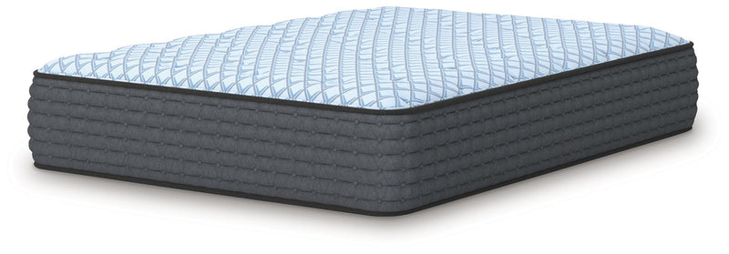 Ashley Furniture Destin Cove plush hybrid mattress shown from an angle, highlighting its soft, plush surface and supportive design.