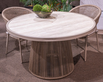 Outdoor dining table by Ashley Furniture with a wooden top and sturdy metal legs, suitable for outdoor patio or garden use.