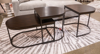 Set of three Vanmore tables by Ashley Furniture, modern wooden tables with sleek design and natural finish for living spaces.