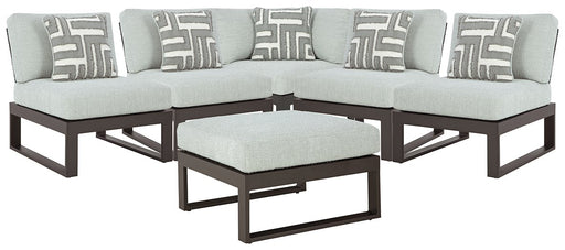 Ashley Furniture Beachloft outdoor seating set with cushioned chairs and a table, perfect for patio relaxation and outdoor gatherings.