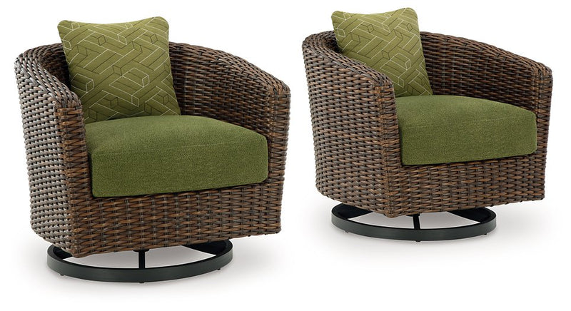 Ashley Furniture Horizon Hall outdoor swivel lounge chair with cushion, featuring a stylish design and comfortable seating.