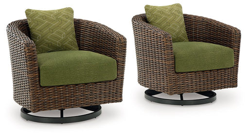 Ashley Furniture Horizon Hall outdoor swivel lounge chair with cushion, featuring a stylish design and comfortable seating.