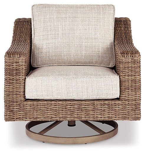 Ashley Furniture Beachcroft outdoor swivel lounge chair with cushion, featuring a stylish design and comfortable seating.