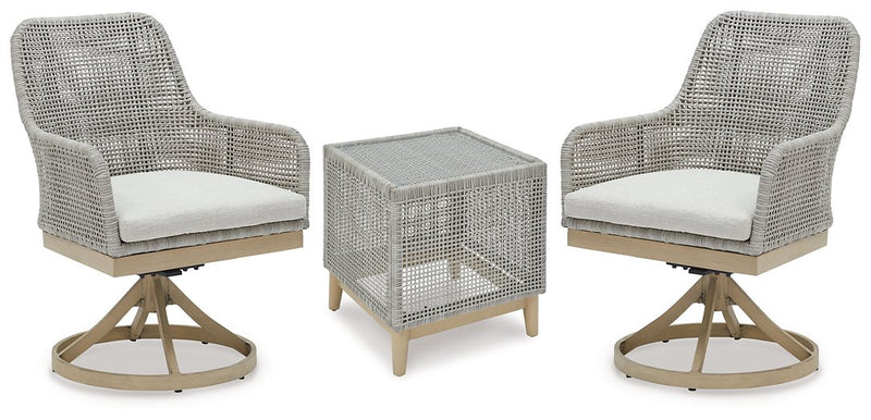 Seton Creek outdoor seating set by Ashley Furniture featuring cushioned chairs and a matching table for patio relaxation.