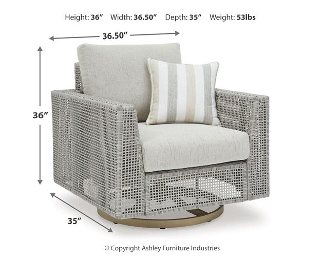 Seton Creek outdoor seating set by Ashley Furniture includes a sofa, armchairs, and a coffee table in a stylish outdoor arrangement.
