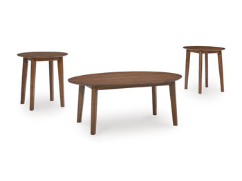 Set of three Ashley Furniture Gordonay tables with modern wooden design, shown from an angled side view.