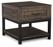 Ashley Furniture Johurst Occasional Table Set with three wooden tables featuring a modern design and dark wood finish.