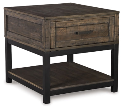 Ashley Furniture Johurst end table with a dark wood finish and modern design, featuring a spacious tabletop and sleek legs.