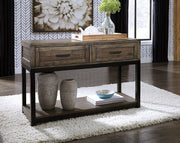 Ashley Furniture Johurst sofa console table with a sleek wooden top and black metal legs, ideal for entryways or living rooms.
