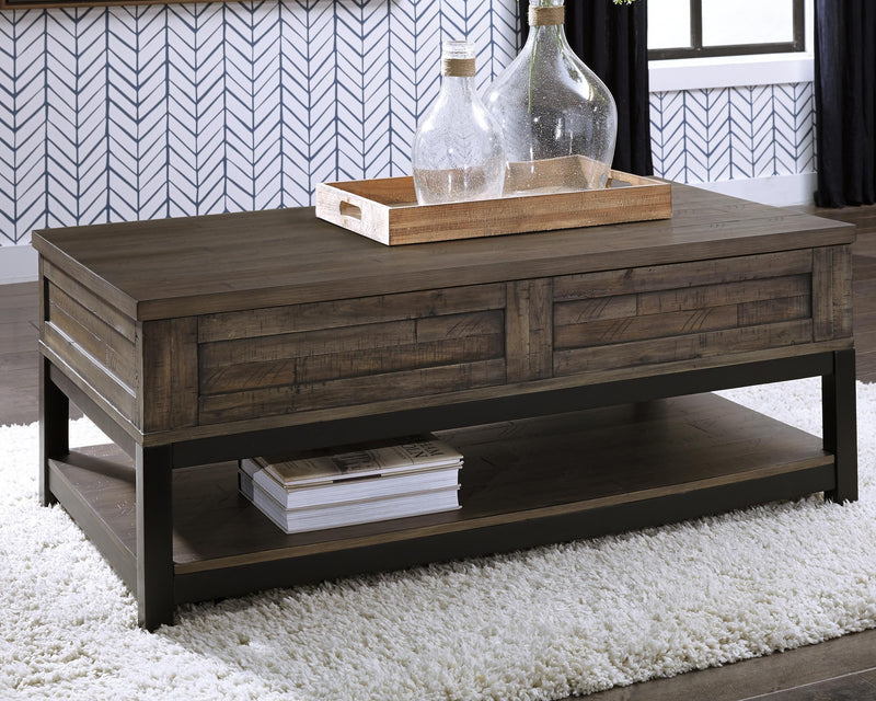 Ashley Furniture Johurst occasional table set featuring modern coffee and side tables with sleek wood finishes.