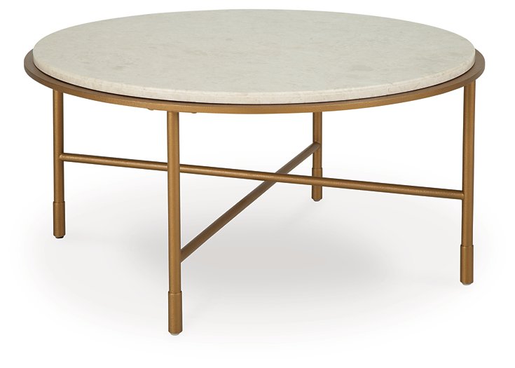 Ashley Furniture Alben coffee table, modern cocktail table with a sleek wood finish, shown from an angled side view.