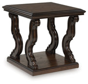 Ashley Furniture Maylee End Table with a sleek wood finish, shown from an angled side view.