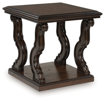 Ashley Furniture Maylee End Table with a sleek wood finish, shown from an angled side view.