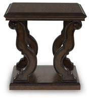 Ashley Furniture Maylee end table with a dark wood finish and sleek design, featuring a tabletop and storage drawer.