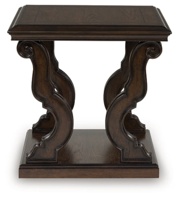 Ashley Furniture Maylee end table with a dark wood finish and sleek design, featuring a tabletop and storage drawer.
