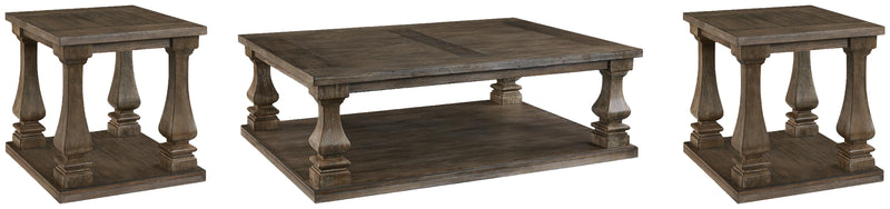 Ashley Furniture Johnelle occasional table set with three stylish wooden tables featuring modern design and warm finish.