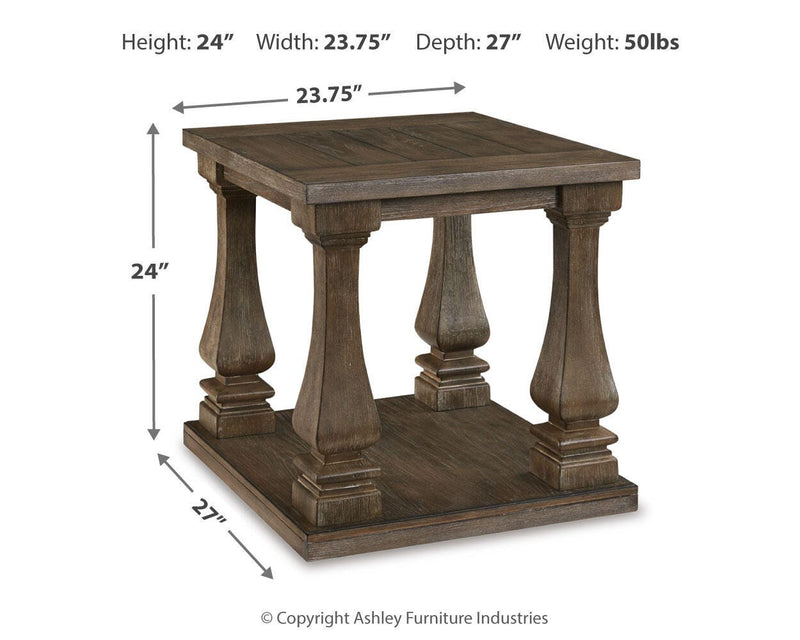 Ashley Furniture Johnelle Occasional Table Set with three modern wooden tables featuring sleek designs and warm finish.